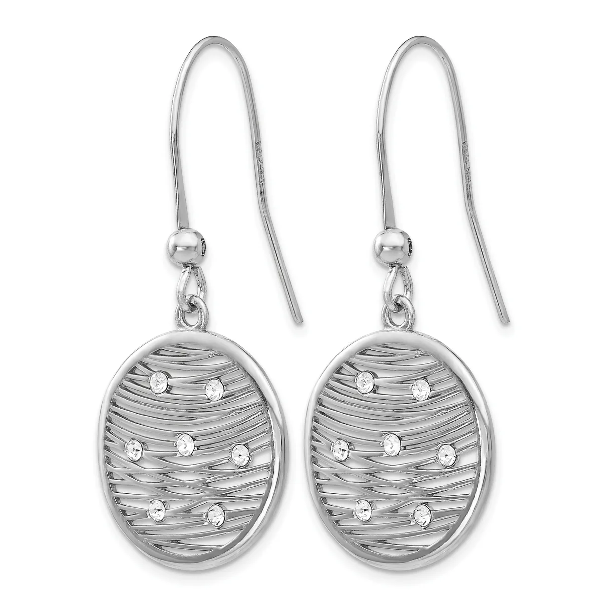 Pair of silver oval drop earrings with textured wire pattern and cubic zirconia accents, suspended from curved ear wires.