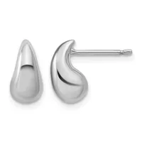 A pair of polished silver teardrop earrings shown from front and side views, displayed against a white background.