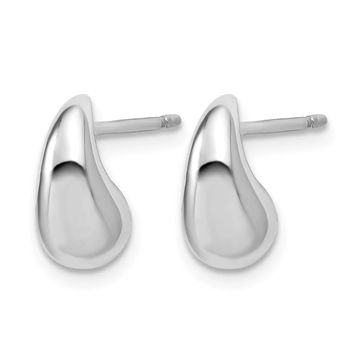 A pair of polished silver teardrop-shaped stud earrings with posts and backs, shown against a white background.