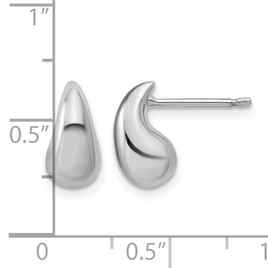 Polished silver teardrop stud earrings shown against a measurement scale indicating approximately 0.5 inches in height.