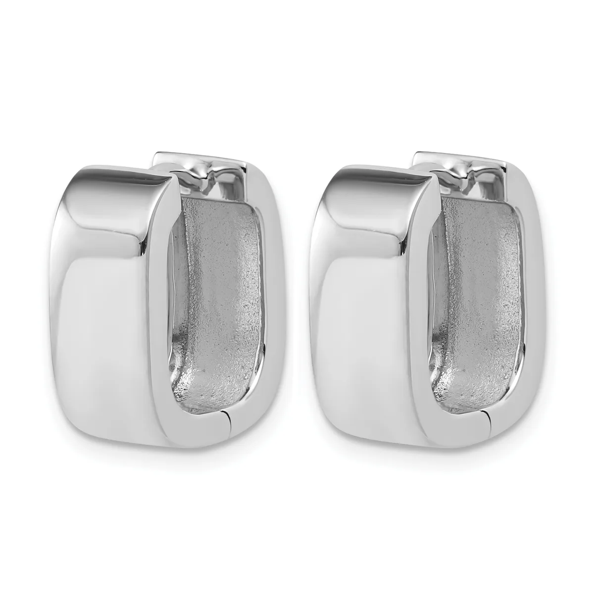 A pair of polished silver chunky rectangular hoop earrings with hinged closures, shown from front and inner view.