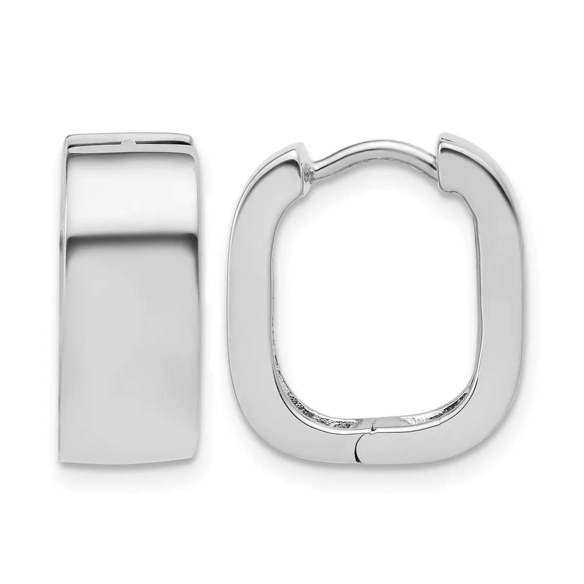 Two polished silver rectangular hoop earrings with hinged closures, shown from the front and side views against a white background.