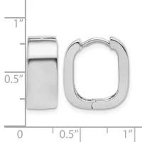 A pair of polished silver rectangular hoop earrings with rounded corners, shown front and side view with a measurement scale indicating approximately one inch in height and half inch in width.