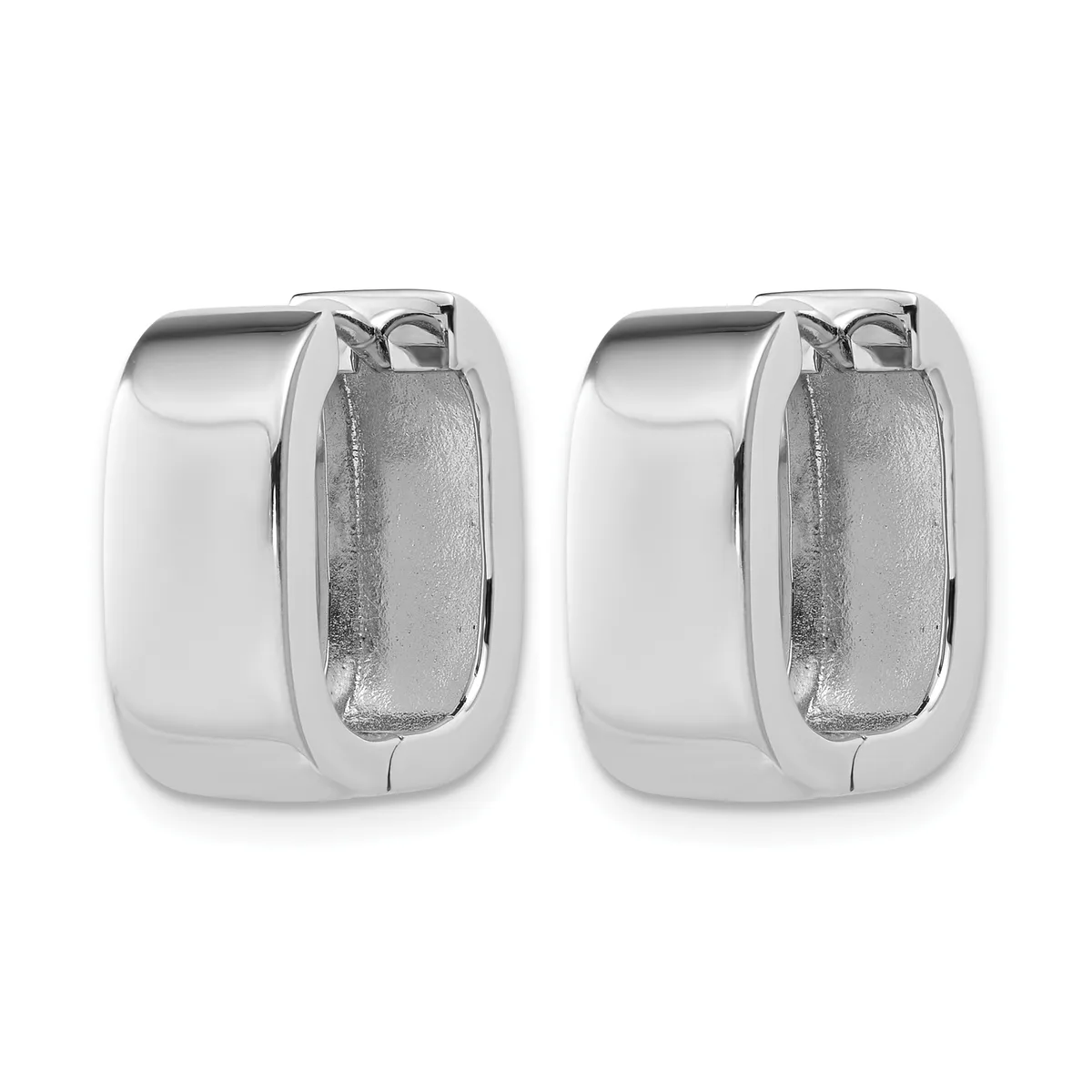 A pair of polished silver chunky hoop earrings with a wide rounded rectangular profile, shown from the front.