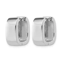 A pair of polished silver chunky hoop earrings with a wide rounded rectangular profile, shown from the front.