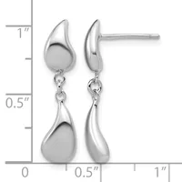 Pair of silver teardrop earrings with polished domed tops connected by small links to matching teardrop pendants below, shown against a measurement scale.