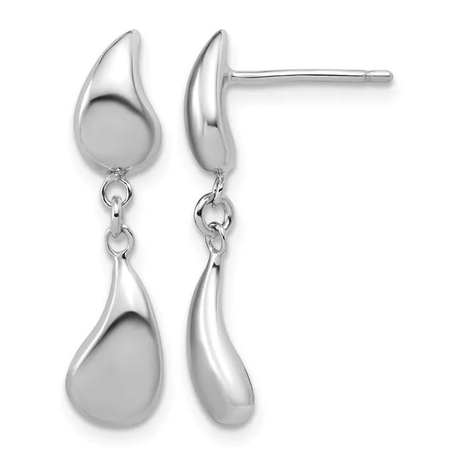 Pair of silver teardrop earrings with polished finish, featuring a smaller curved top piece connected by a chain link to a larger rounded bottom piece, shown from front and side views.