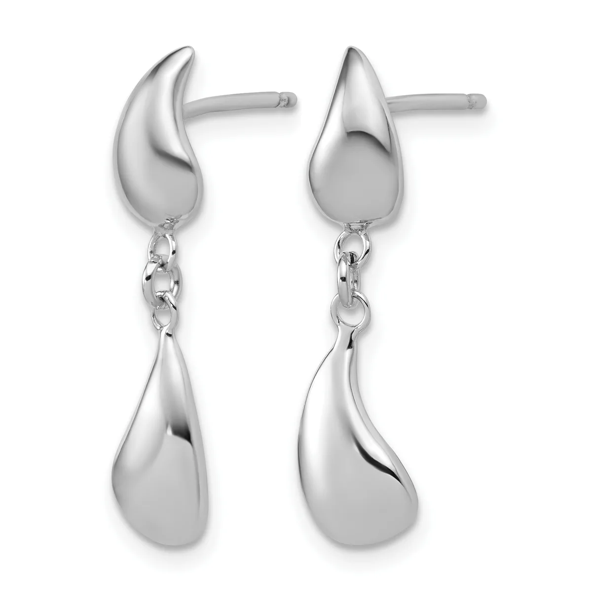 Pair of silver teardrop earrings with polished curved tops connected by chain links to matching polished teardrop charms hanging below.