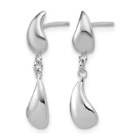 Pair of silver teardrop earrings with polished curved tops connected by chain links to matching polished teardrop charms hanging below.