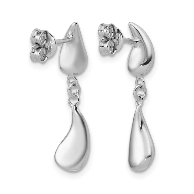 A pair of silver teardrop earrings with stud posts at the top and dangling elongated teardrop charms suspended below by small chain links.