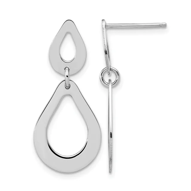 A pair of silver teardrop earrings with hollow centers, shown from front and side views, suspended from thin posts with small circular connectors.