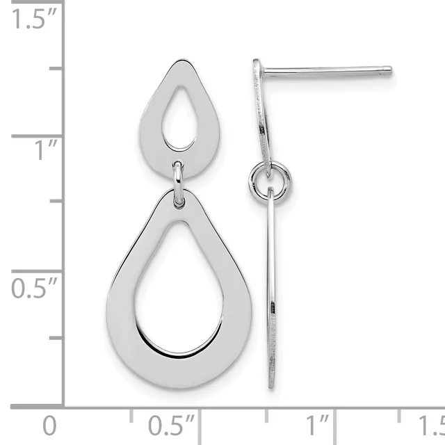 Two silver teardrop-shaped earrings with cutout centers, shown next to a ruler measuring approximately 1.5 inches in length.