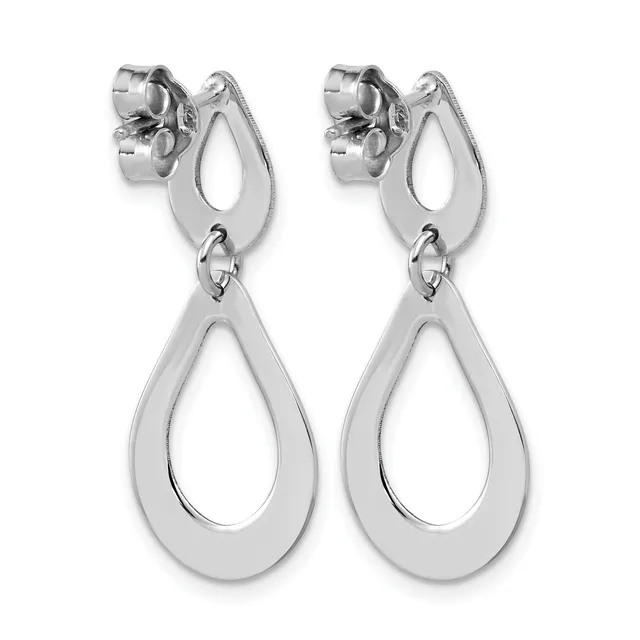 A pair of polished silver teardrop earrings with hollow centers, featuring stud backs and connector loops between the upper and lower teardrop sections.
