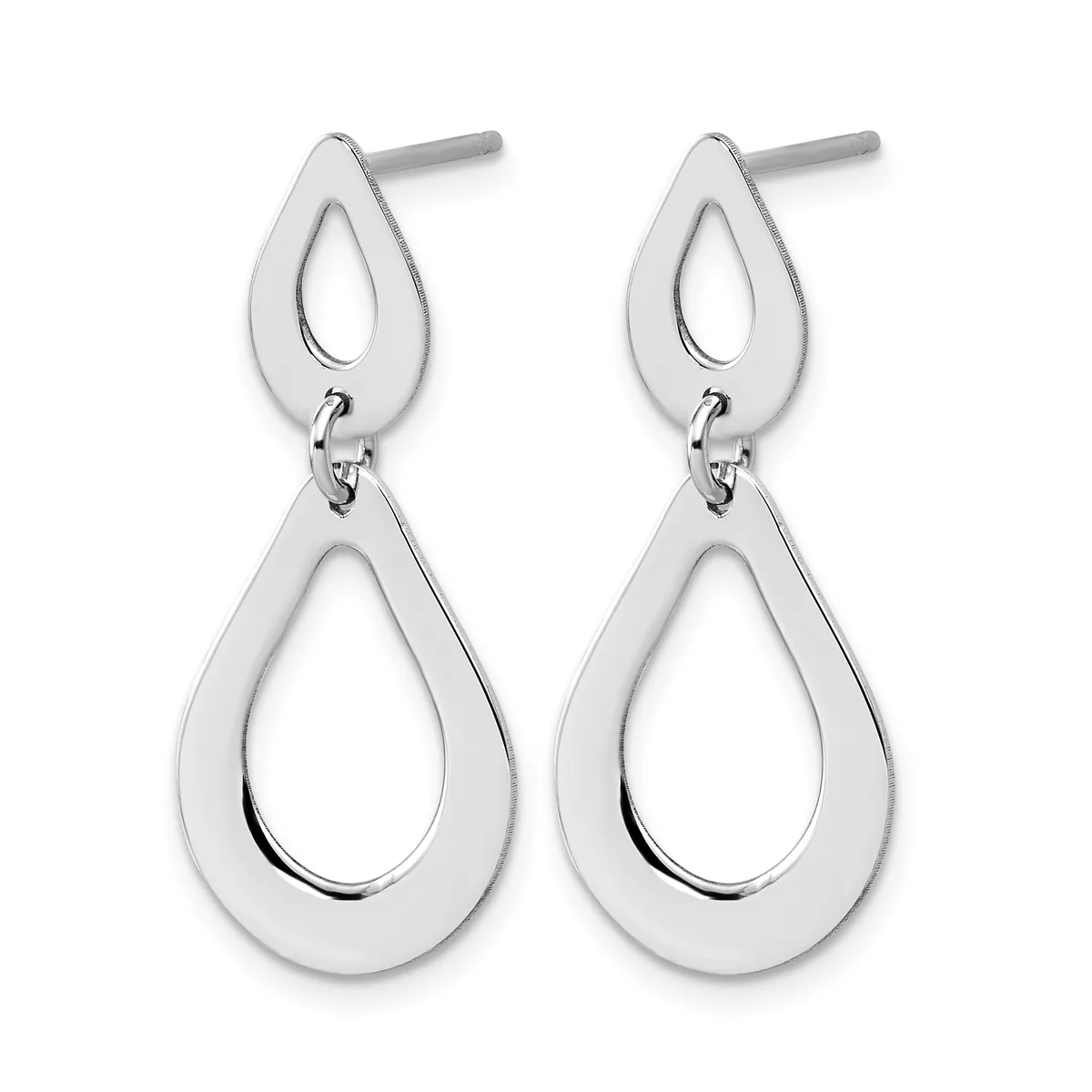 Pair of silver teardrop earrings with hollow cutout designs, featuring a smaller teardrop on top connected to a larger teardrop below, with post and friction backs.