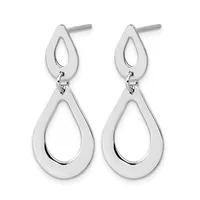 Pair of silver teardrop earrings with hollow cutout designs, featuring a smaller teardrop on top connected to a larger teardrop below, with post and friction backs.