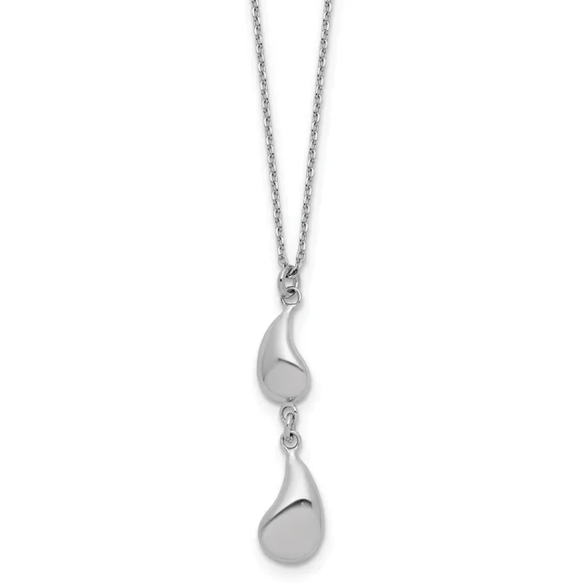 Silver teardrop pendant necklace with two connected teardrop-shaped charms hanging from a delicate chain.