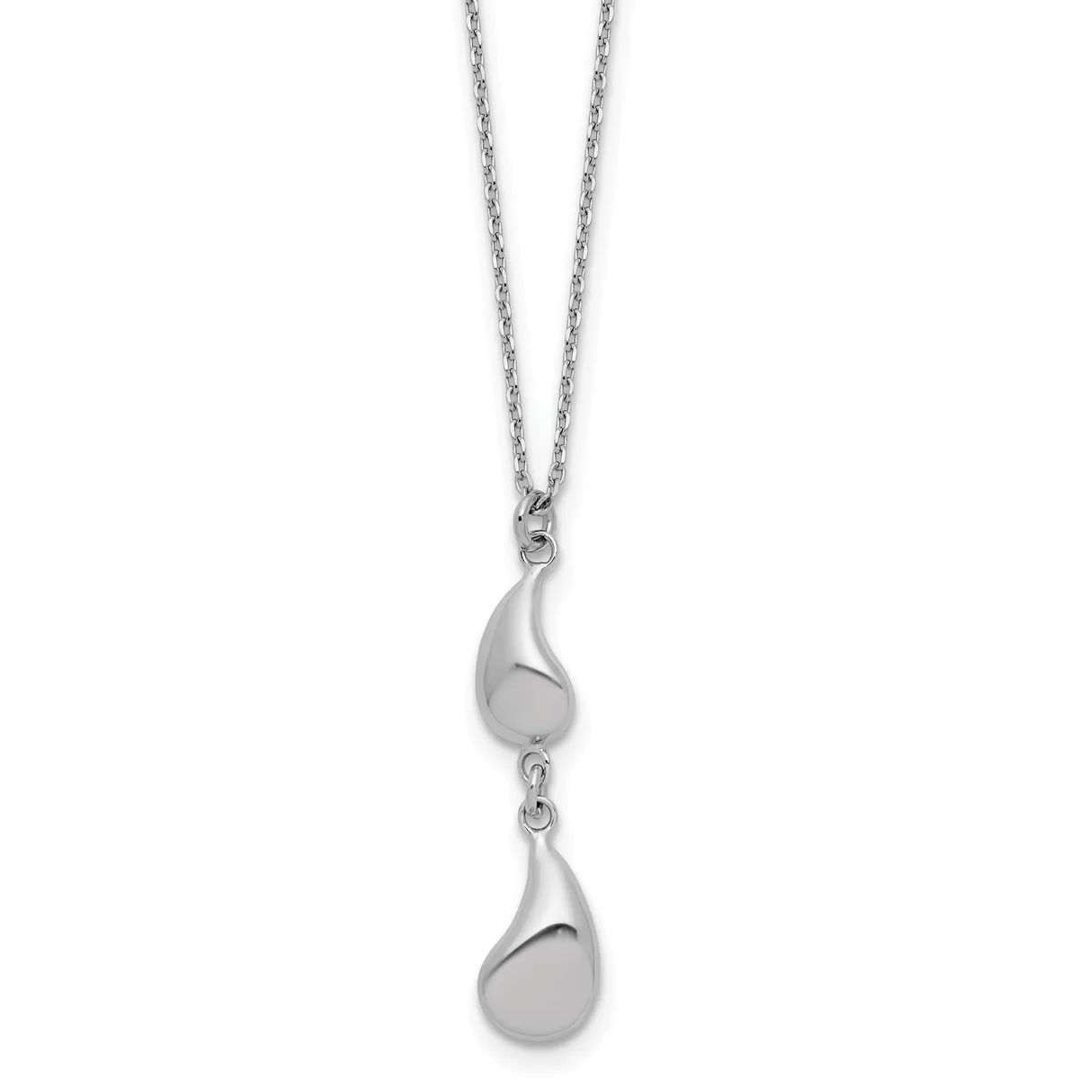 Silver teardrop pendant necklace with two connected teardrop-shaped charms hanging from a delicate chain.