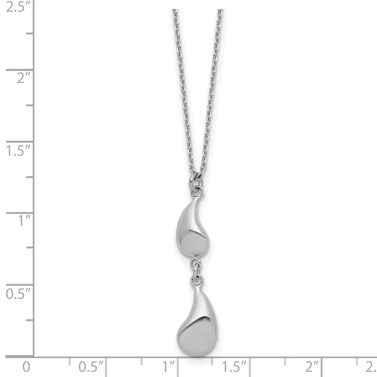 Silver teardrop pendant necklace with two connected polished teardrop charms hanging from a delicate chain, shown against a ruler measuring approximately 2.5 inches in length.