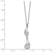 Silver teardrop pendant necklace with two connected polished teardrop charms hanging from a delicate chain, shown against a ruler measuring approximately 2.5 inches in length.