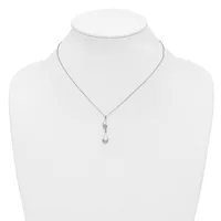 Silver necklace with a delicate chain and a teardrop-shaped pendant hanging from a small decorative bail, displayed on a white mannequin bust.