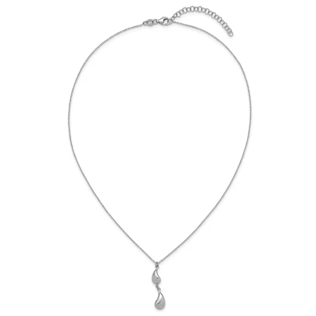 Silver-toned chain necklace with an adjustable clasp and extender chain, featuring two teardrop-shaped pendants hanging at the center.