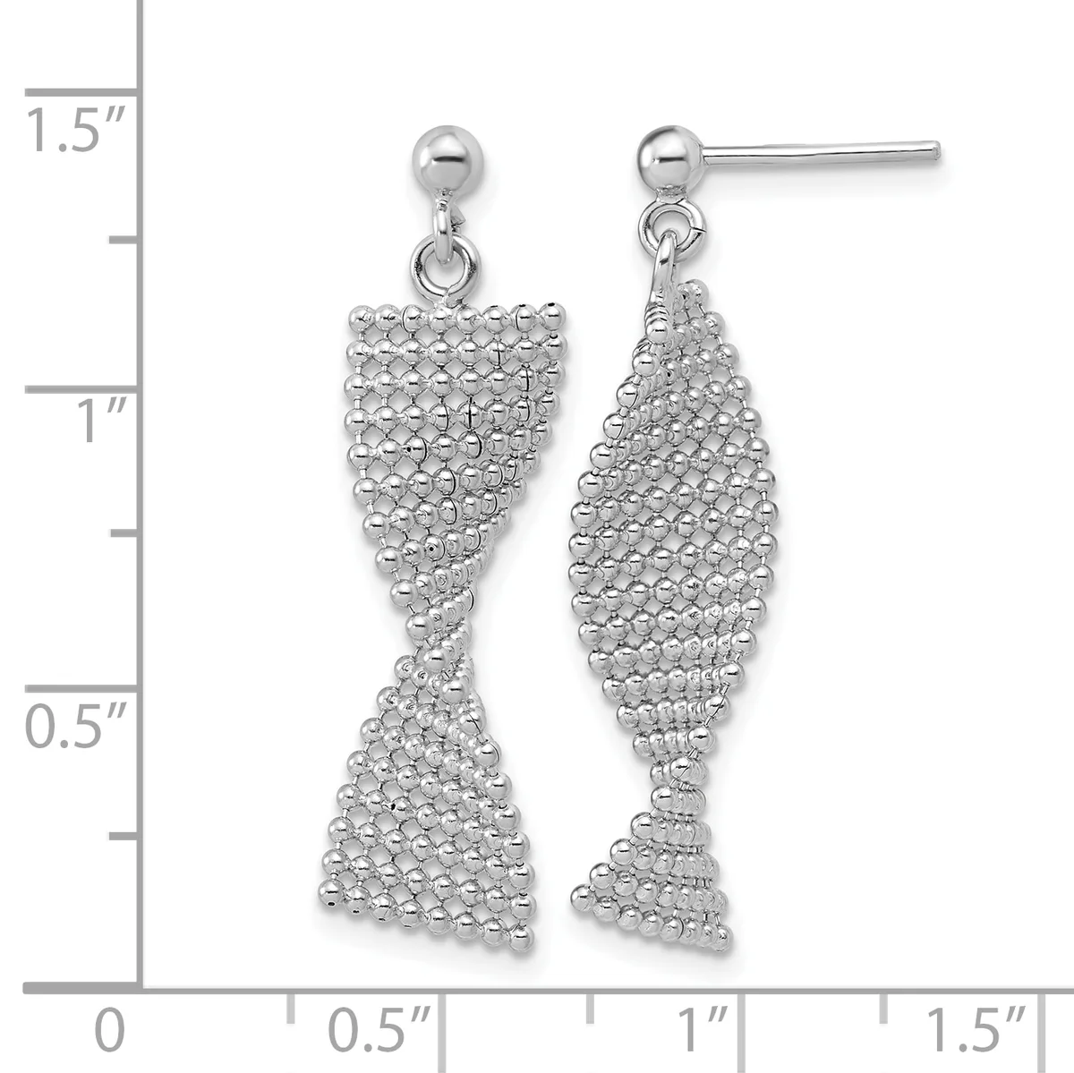 A pair of silver dangle earrings with textured, tapered teardrop shapes hanging from ball studs, displayed against a measurement ruler showing they are approximately 1.25 inches long.