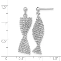 A pair of silver dangle earrings with textured, tapered teardrop shapes hanging from ball studs, displayed against a measurement ruler showing they are approximately 1.25 inches long.