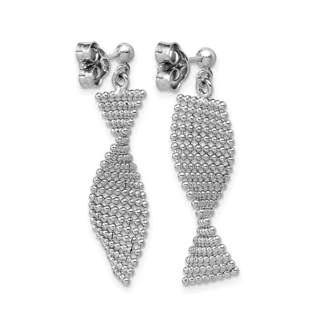 Pair of silver-toned dangling earrings with textured cone and teardrop shapes, featuring stud posts with decorative tops.