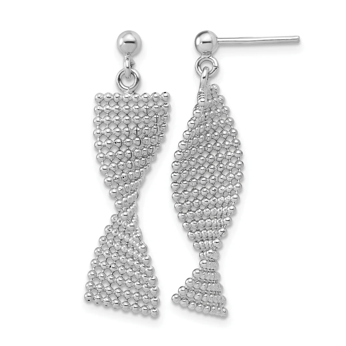 Pair of silver dangle earrings with textured hourglass-shaped pendants hanging from ball studs.