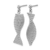A pair of silver dangle earrings with ball studs, featuring textured cone-shaped pendants made of small beaded spheres.