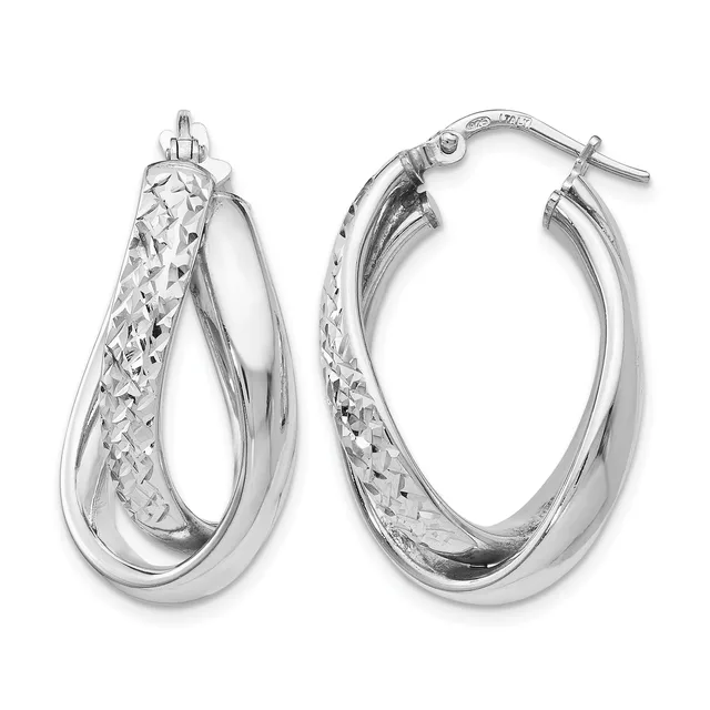 A pair of silver hoop earrings with a twisted texture on the outer surface and smooth polished inner curves, shown from front and angled views.