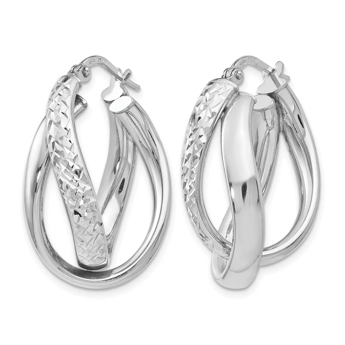 A pair of silver hoop earrings with interlocking oval loops, one featuring a textured crosshatch pattern and the other smooth, displayed from front and back views.