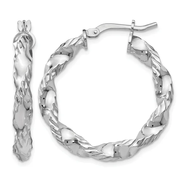 Pair of silver twisted hoop earrings with textured surface and hinged posts, shown from front and side views.