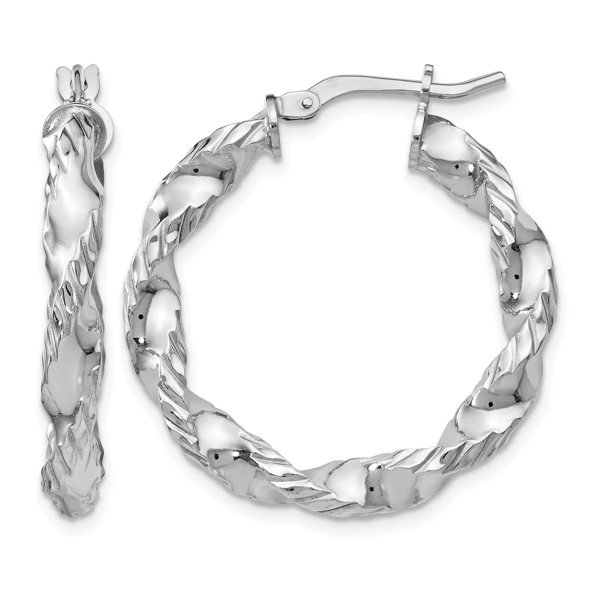 Pair of silver twisted hoop earrings with textured surface and hinged posts, shown from front and side views.