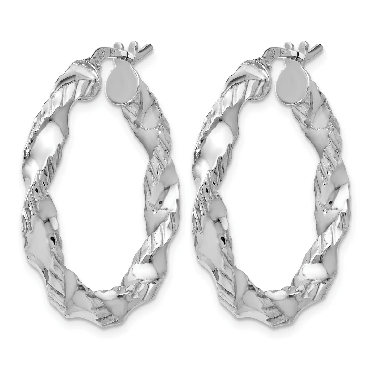 Pair of silver twisted hoop earrings with textured surfaces and post-and-clutch closures, shown from the front.