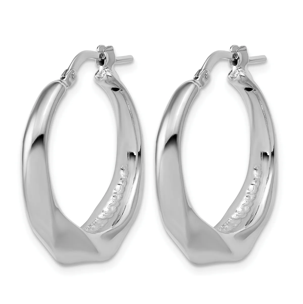 Pair of polished silver hoop earrings with a squared oval shape and chunky profile, shown from the front against a white background.