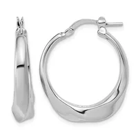 A pair of polished silver-toned hoop earrings with curved rectangular profiles and hinged posts, shown from front and side views.