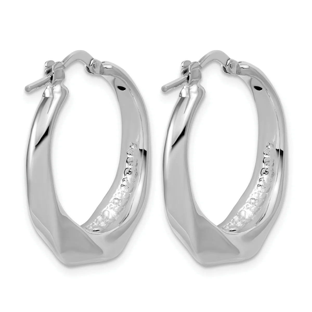 A pair of polished silver-toned rectangular hoop earrings with hinged posts, shown from the front and back.