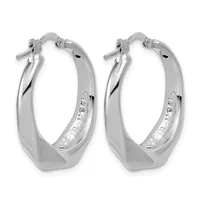A pair of polished silver-toned rectangular hoop earrings with hinged posts, shown from the front and back.