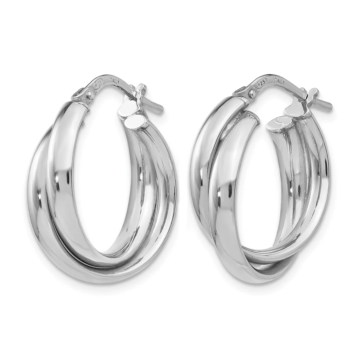 Pair of polished silver hoop earrings with a twisted double-band design and small post-and-clasp closures.