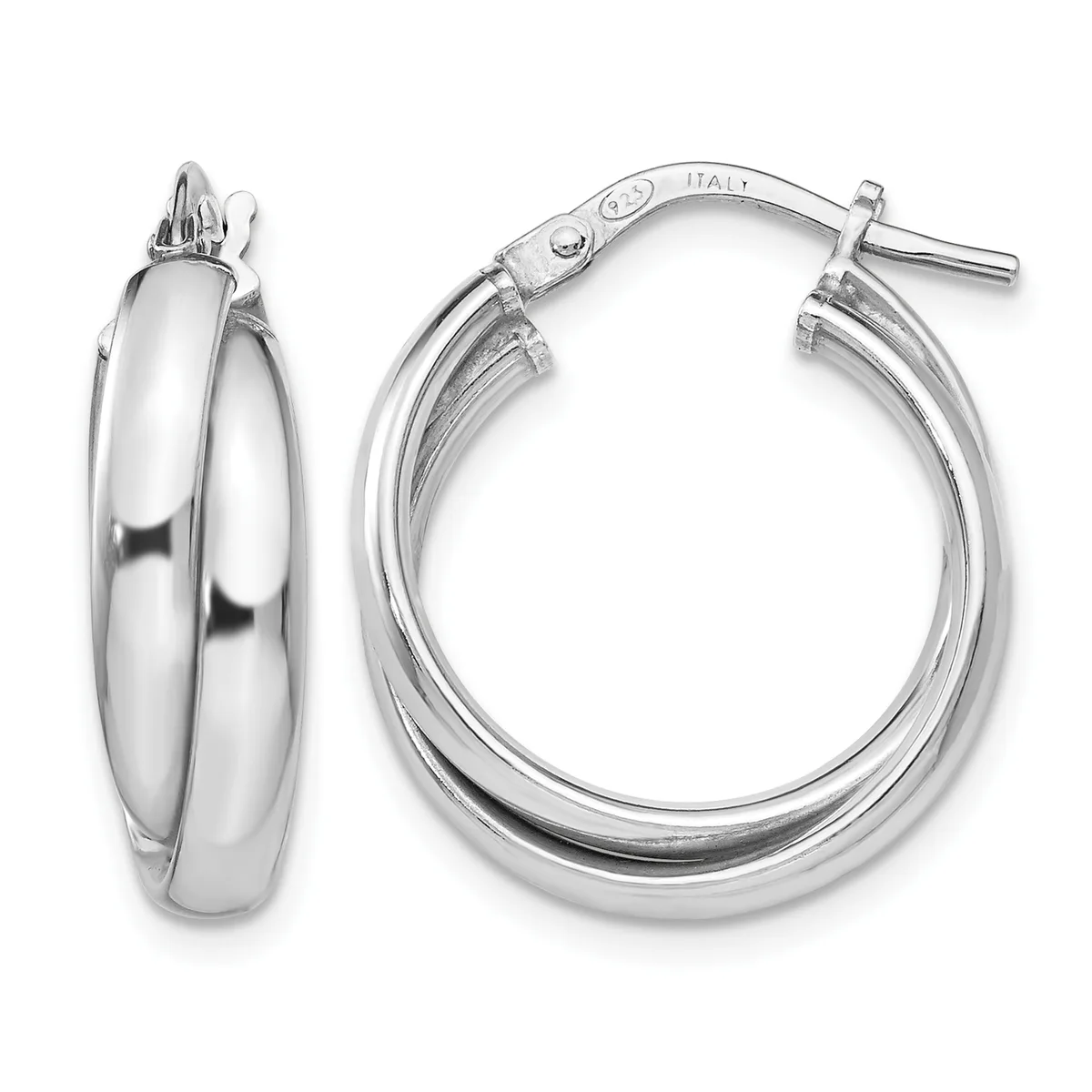A pair of polished silver hoop earrings with a chunky, rounded profile, shown from the front and side angles with post and clasp closures.