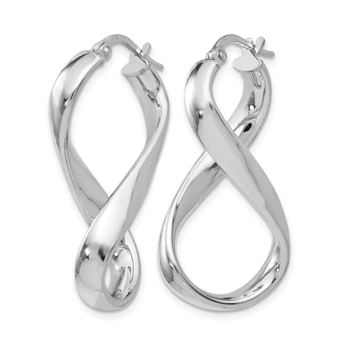 A pair of polished silver twisted hoop earrings with posts and backs, displayed against a white background.