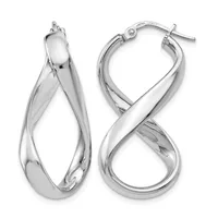 A pair of polished silver twisted hoop earrings with posts and backs, displayed against a white background.