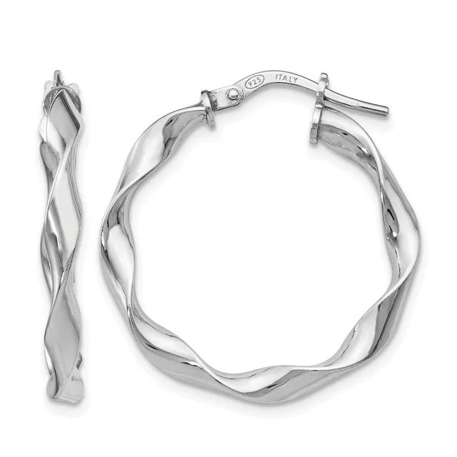 Pair of silver twisted hoop earrings with a rope texture and post-and-clutch closures, shown from front and side angles.