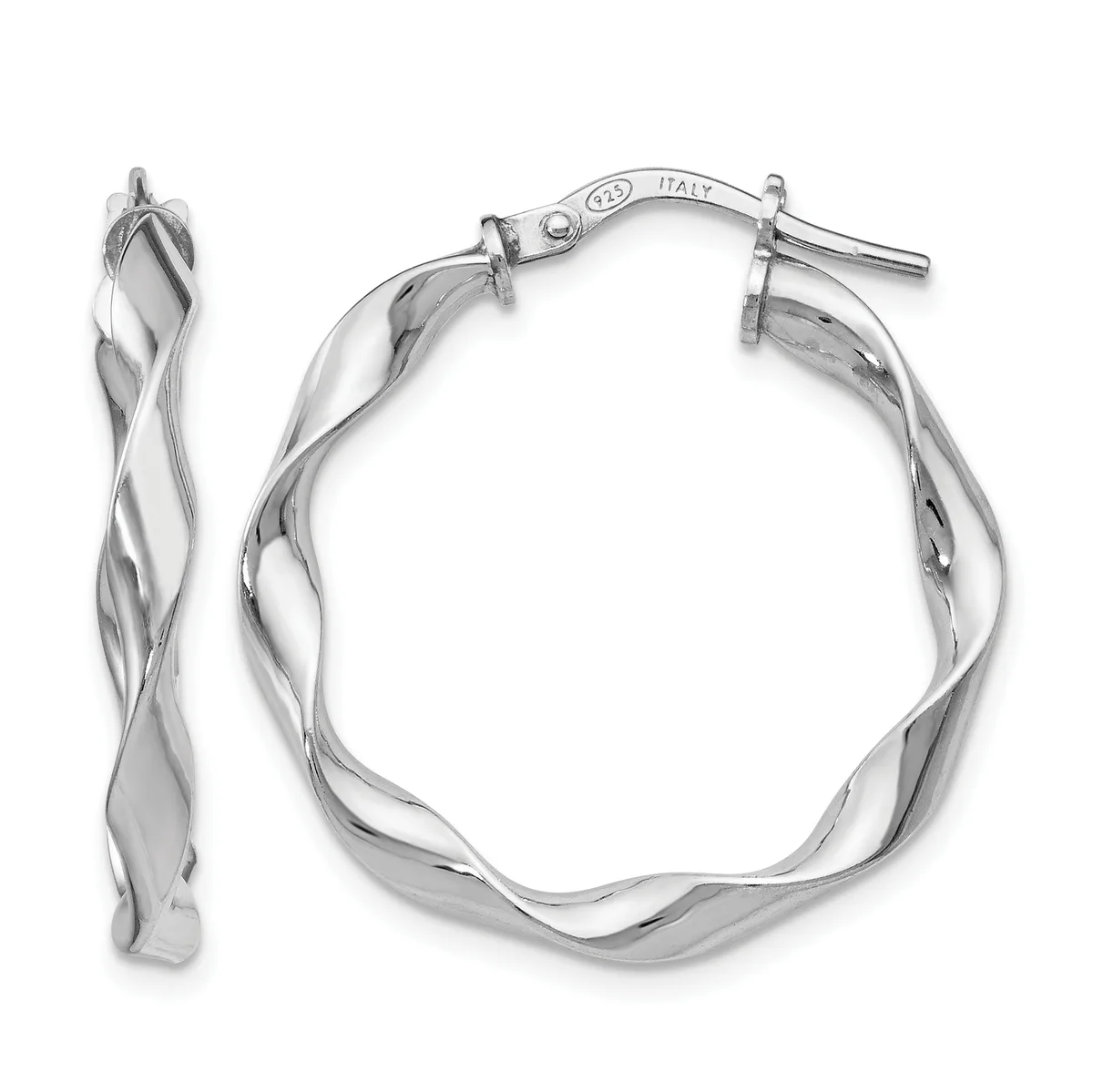 Pair of silver twisted hoop earrings with a rope texture and post-and-clutch closures, shown from front and side angles.