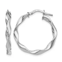 Pair of silver twisted hoop earrings with a rope texture and post-and-clutch closures, shown from front and side angles.