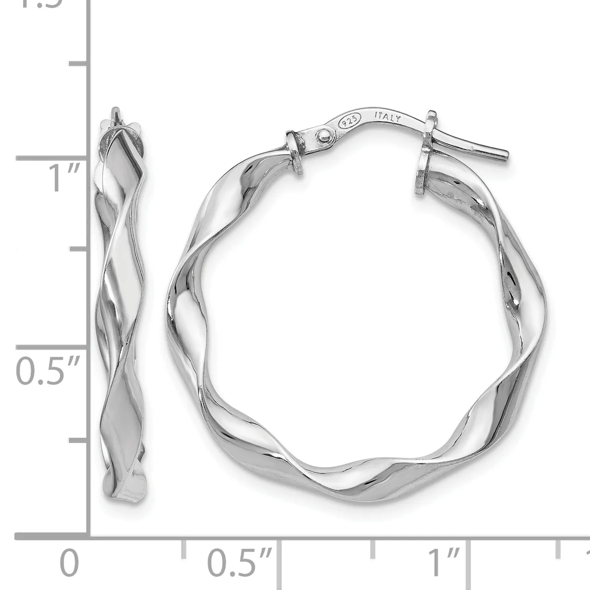 Pair of twisted silver hoop earrings with post and clutch closures, shown next to a ruler indicating approximately one inch in length.