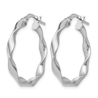 Pair of twisted silver hoop earrings with posts and backs, shown against a white background.