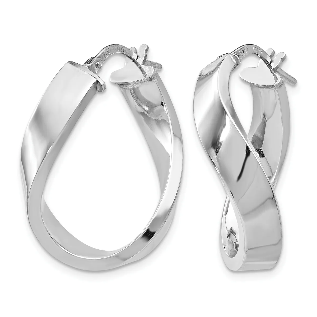 A pair of polished silver twisted hoop earrings shown from front and back views, featuring a curved rectangular cross-section with a spiral texture detail.
