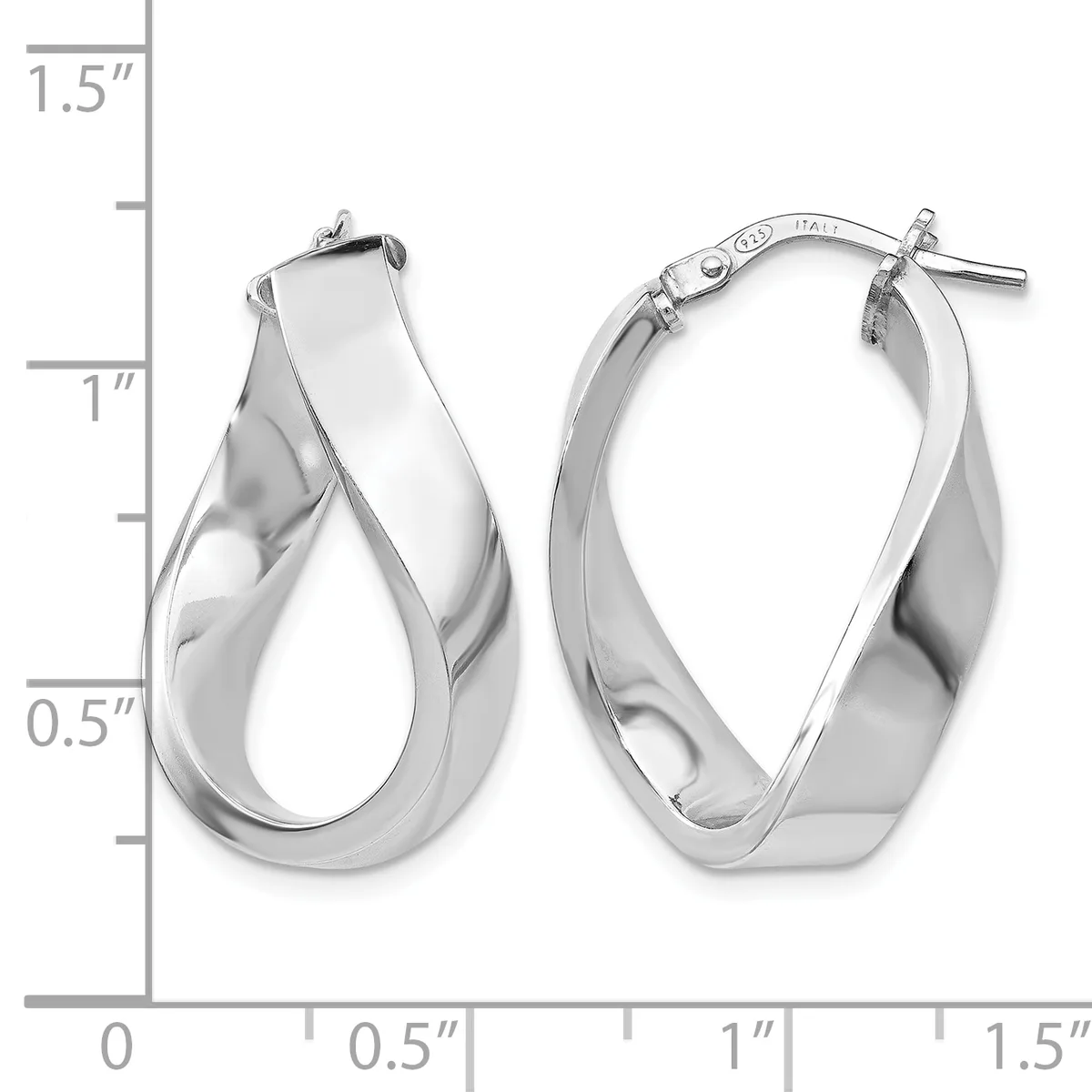 A pair of polished silver twisted hoop earrings with post and clutch closures, displayed against a measurement scale showing approximately one inch in height.